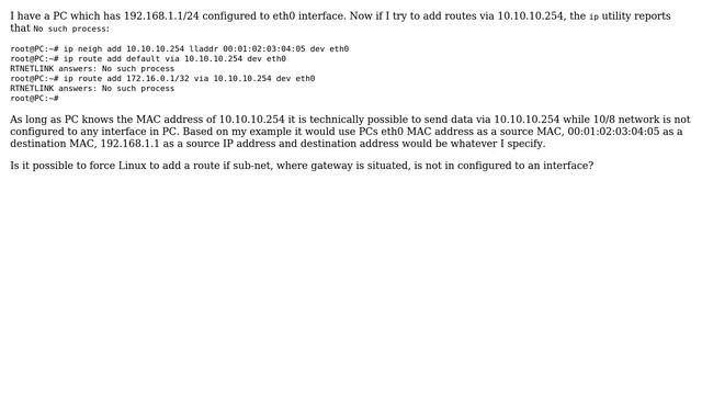 add route in Linux if sub-net, where gateway is situated, is not configured