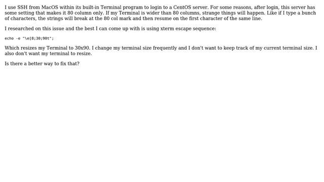 SSH to Linux host with an incompatible Terminal Size