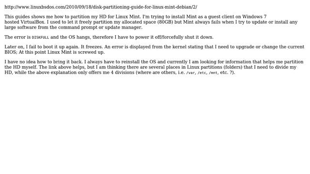 Linux Mint VM in VirtualBox freezes with DISKFULL error