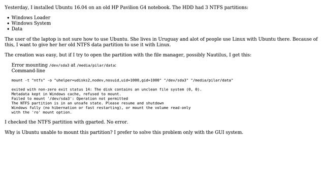 Ubuntu: Error mounting NTFS partition in Ubuntu 16.04.1