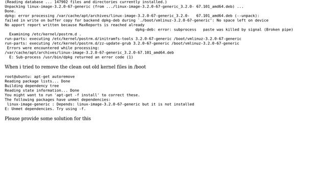 Ubuntu: Not able to clean out old kernel files in /boot