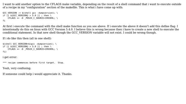 GNU make - How to concatenate to variable depending on shell command result (GCC version)?