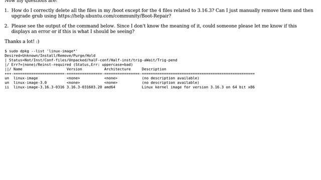 How do I remove old kernel files from /boot and fix a potential error listed in ＜sudo dpkg...
