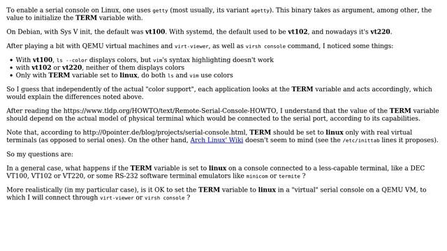 Suitables TERM variable values for a serial console