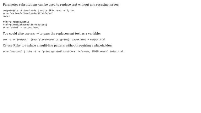 Unix & Linux: Inserting the results of a for loop into an html file - BASH (3 Solutions!!)
