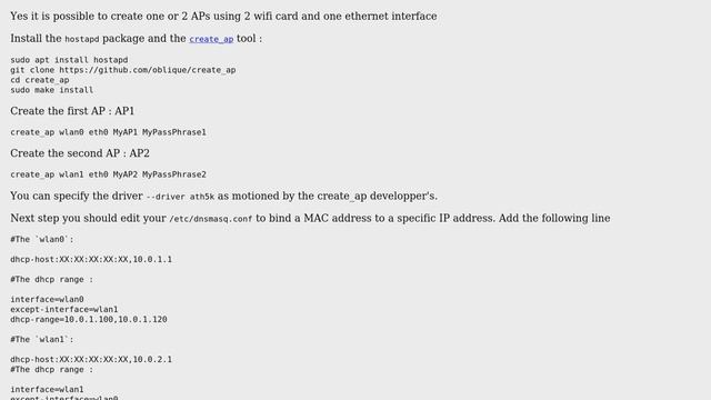 Unix & Linux: How to setup wireless AP with two wifi cards and ethernet as WAN on debian?
