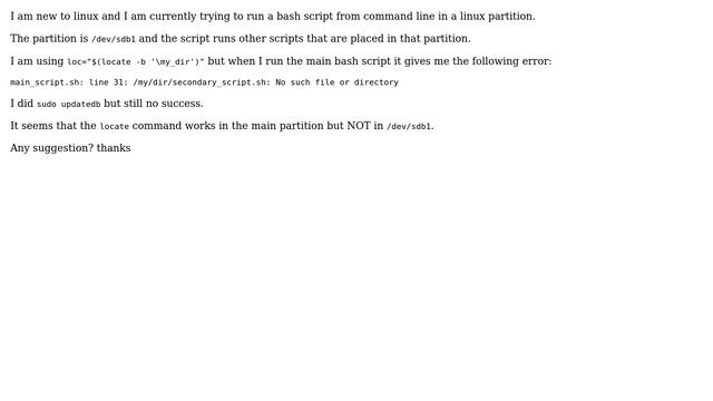Ubuntu: run bash script from linux partition, locate does not work