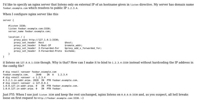 Nginx bind to external IP only (listen hostname:port)