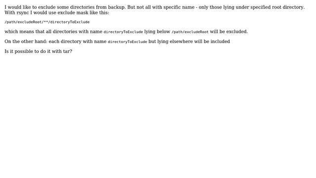 tar - how to exclude like this: "/path/excludeRoot/\*\*/directoryToExclude"