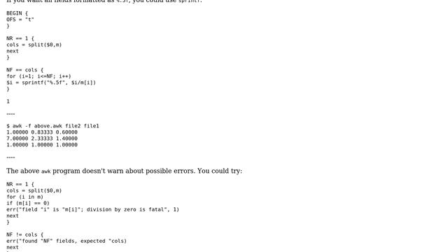 Unix & Linux: awk column-wise division of all lines by another line (2 Solutions!!)