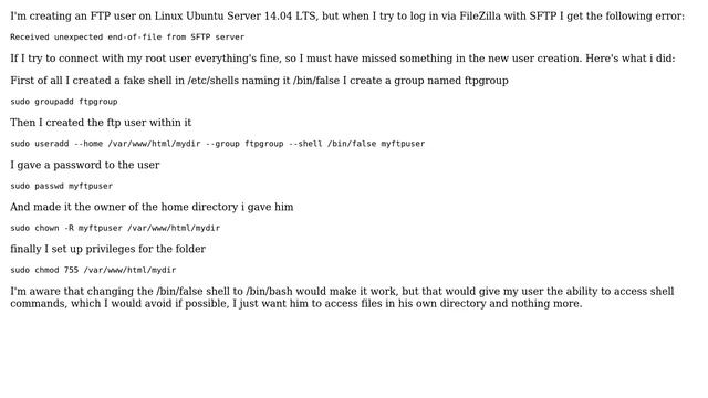 Creating FTP user to access a specific directory with SFTP in Linux Ubuntu Server 14.04 LTS