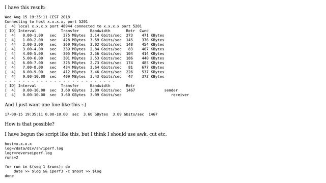 Unix & Linux: iperf3 results should look nice in a logfile