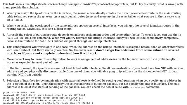 Ping not working from tap interface attached to bridge interface with ip on same subnet as that...