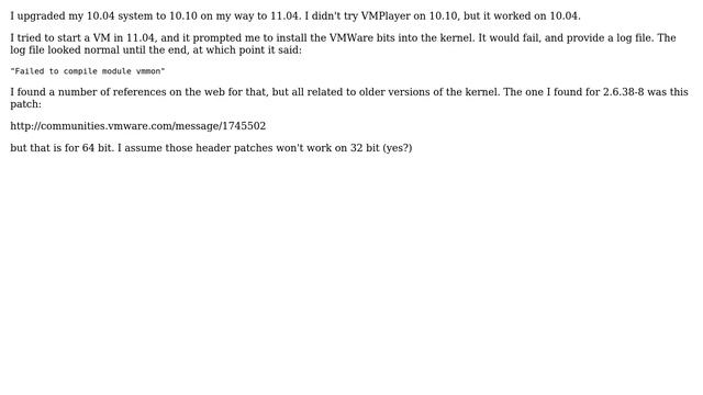 How to run VMWare player on kernel 2.6.38-8? [Failed to compile module vmmon]?