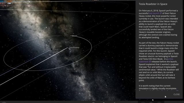Tesla Roadster Path Into Space via Universe Sandbox 2