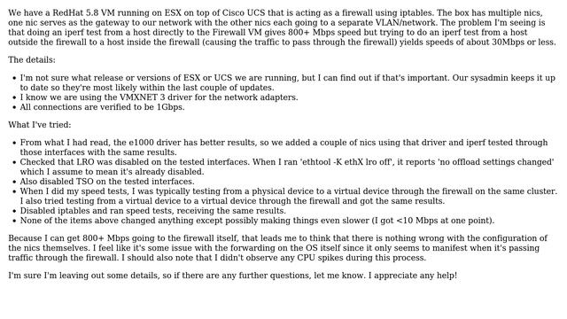 DevOps & SysAdmins: Slow Network Transfer Through Linux Firewall VM