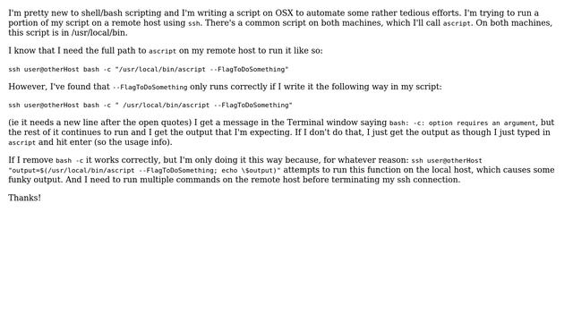 Unix & Linux: Odd syntax for ssh and bash to run command (2 Solutions!!)