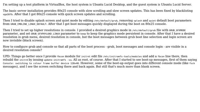 Either blank screen during boot or poor resolution console in Ubuntu Server within VirtualBox