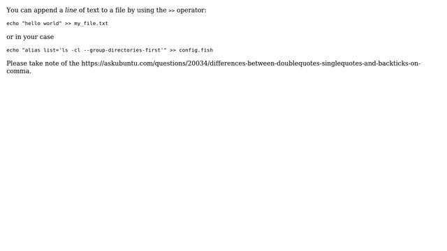 Ubuntu: Command to append line to a text file without opening an editor