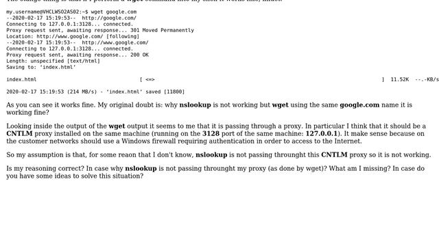 Why nslookup is not passing throunght my local CNTLM proxy?