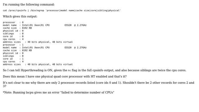 Unix & Linux: Why does cpuinfo show only 2 processors?