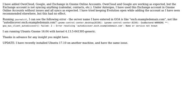 Ubuntu: MS Exchange in Gnome Online Accounts Not Syncing