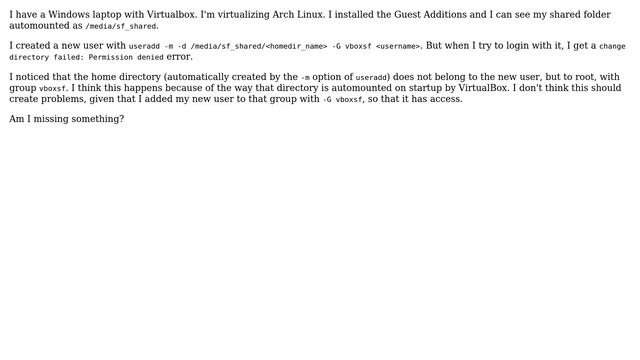 VirtualBox: Linux guest home folder inside automounted shared folder