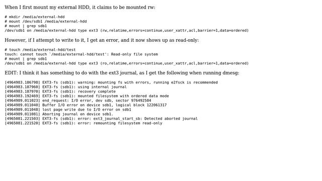 Unix & Linux: External HDD appears to be mounted rw, but switches to ro
