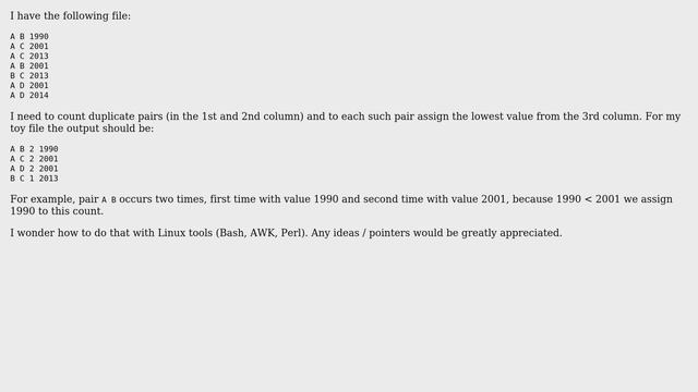 Unix & Linux: Count duplicate rows with constraint