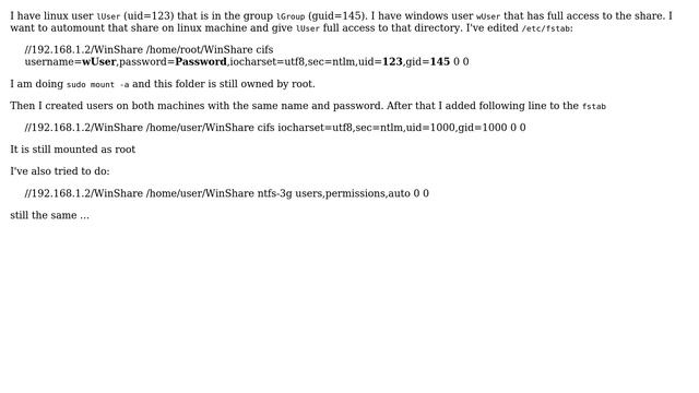 How to mount windows share on linux with specific credentials and specific linux user ownership?