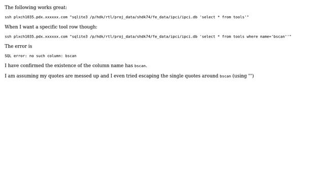 Unix & Linux: Having trouble with sqlite3 ssh command (I am assuming bad quotes)