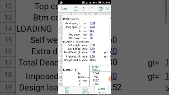RCC spreadsheet design of slab using mobile phone