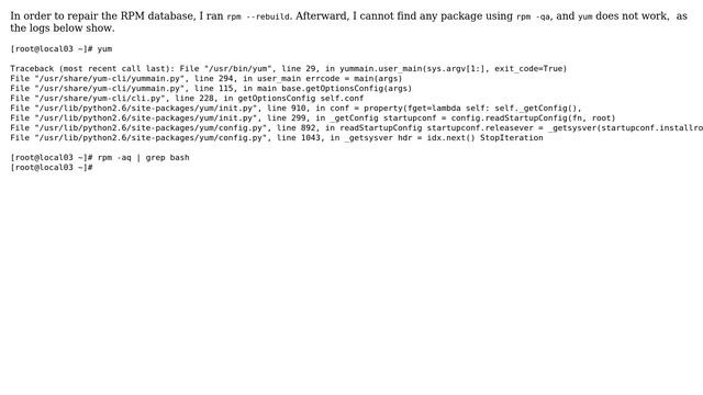 Unix & Linux: `rpm -q` and `yum` break after `rpm --rebuild`