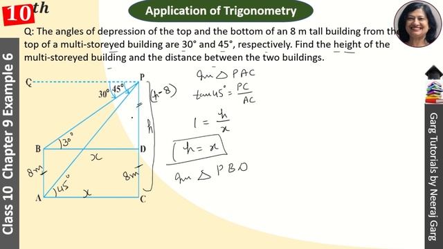 The angles of depression of the top and the bottom of an 8 m tall building from the top