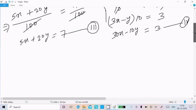 Solve for x and y,  0.05x+ 0.2y= 0.07 and 0.3x - 0.1y= .03