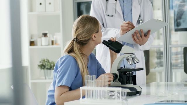 Lab experiment with microscope .