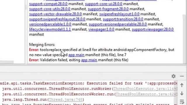 حل رسالة الخطأ في العرادل Manifest merger failed with multiple errors, see logs - gradle 2019