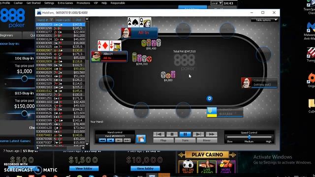 Rigged 888 Poker 4 -   Chip leader advantage (2 out of 3 outs scored)