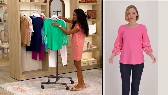 Susan Graver Weekend Textured Cotton Blouson-Sleeve Top w/Eyelet on QVC