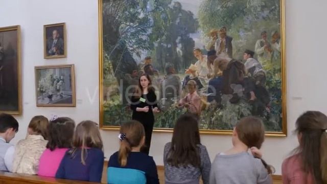 Kids Listening to Excursion National Art Museum in Kiev Christmas Eve Ukraine Teacher is Telling