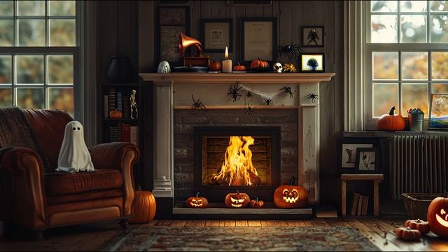 Fireplace Sounds in Haunted Forest Cottage  Cozy Halloween Fireplace Ambience