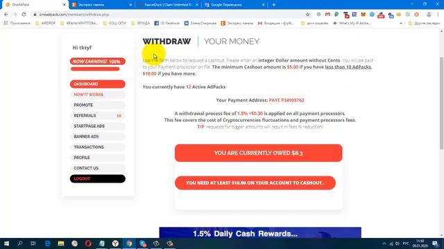 ONE ADPACK Мои Результаты  Мин  Вывод 5$, один ADPACK 1$