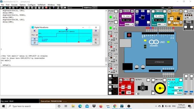 "12" different light patterns using UnoArduSim and arduino Uno board pins 13, 12, 11, AND 10
