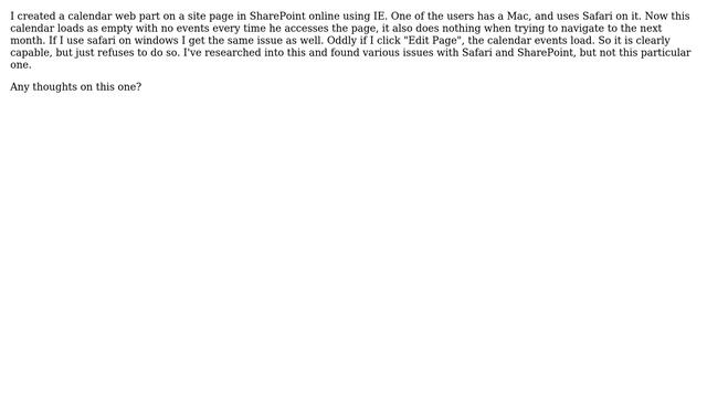Sharepoint: SharePoint Online Calendar Web part issue in Safari