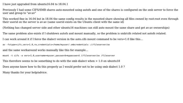 Ubuntu18.04 smb using SMB3 force user does not work (all files owned by root instead of forced...
