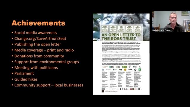 Save Arthurs Seat   Dr Mark Fancett   Achievements to date
