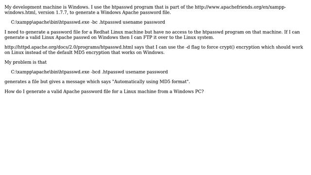 DevOps & SysAdmins: How to generate a Linux Apache password file on a PC running Windows 7?