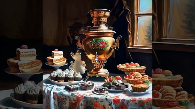 Самовар на столе, пироги, конфеты, шоколад, печенье, создано с помощью нейросети