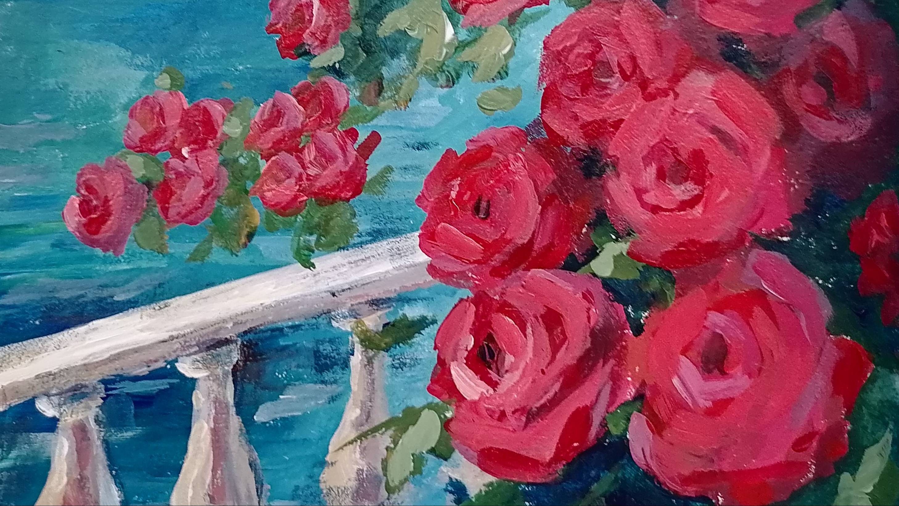 Розы на фоне моря. Акрил. Картон.Живопись для начинающих.