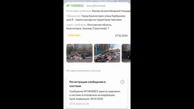 Нарушение сроков вывоза свалки мусора вне контейнерной площадки на территории города Красногорска.